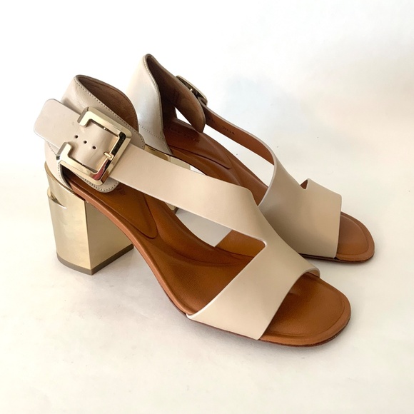 CLERGERIE Women's Beige Leather Abstract Gold Block-Heel Sandals Open toe Pumps - Picture 5 of 16